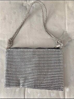 Silver Rhinestones Mesh Evening Shoulder Bag
